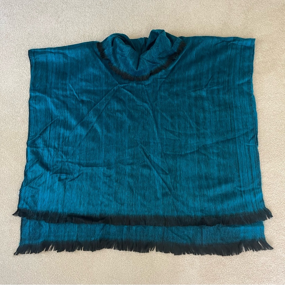 Blue Black Inca Wool Woven Poncho - turtleneck with fringe